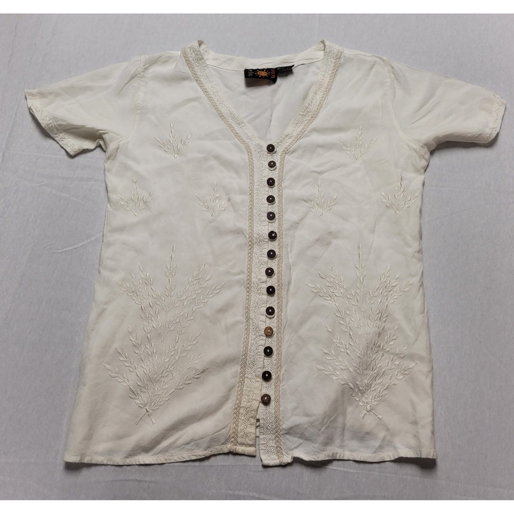 Women's Raya Sun Button-Up Short Sleeve Blouse Size Small White Embroidery